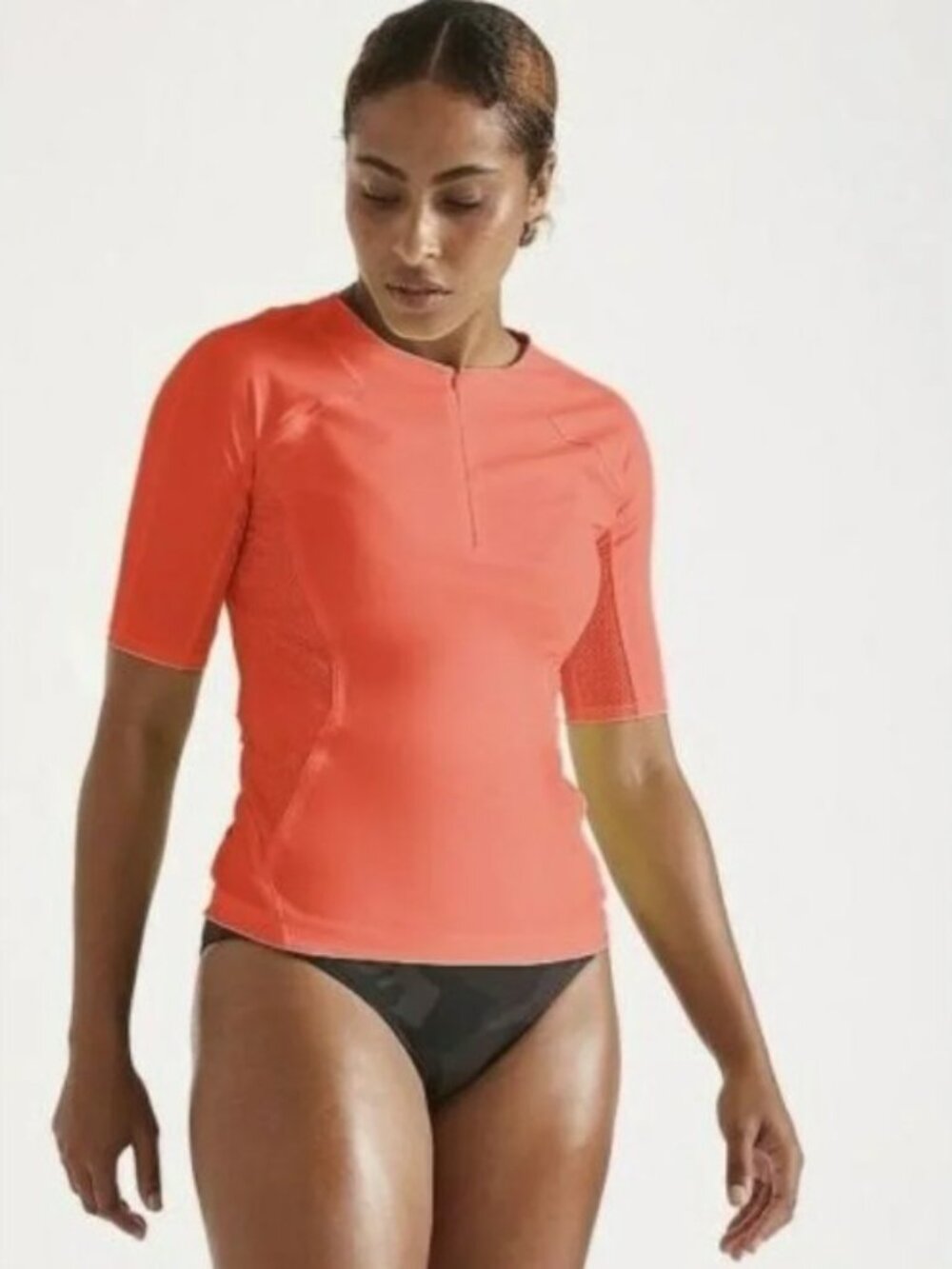 Nearly New ATHLETA Pacifica II Quarter Zip Tee Rash Guard Top Small Orange